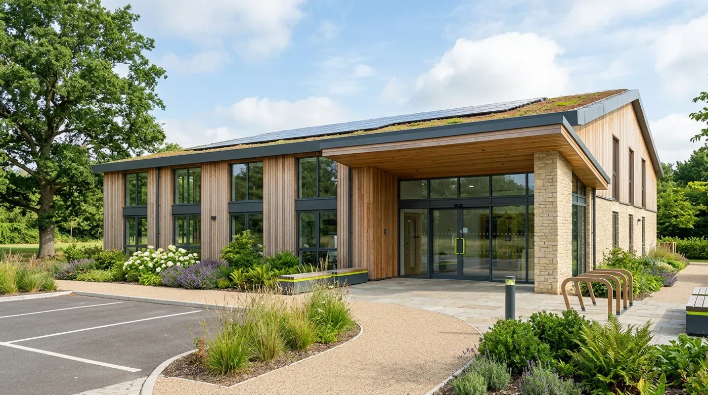 A modern community venue surrounded by gardens