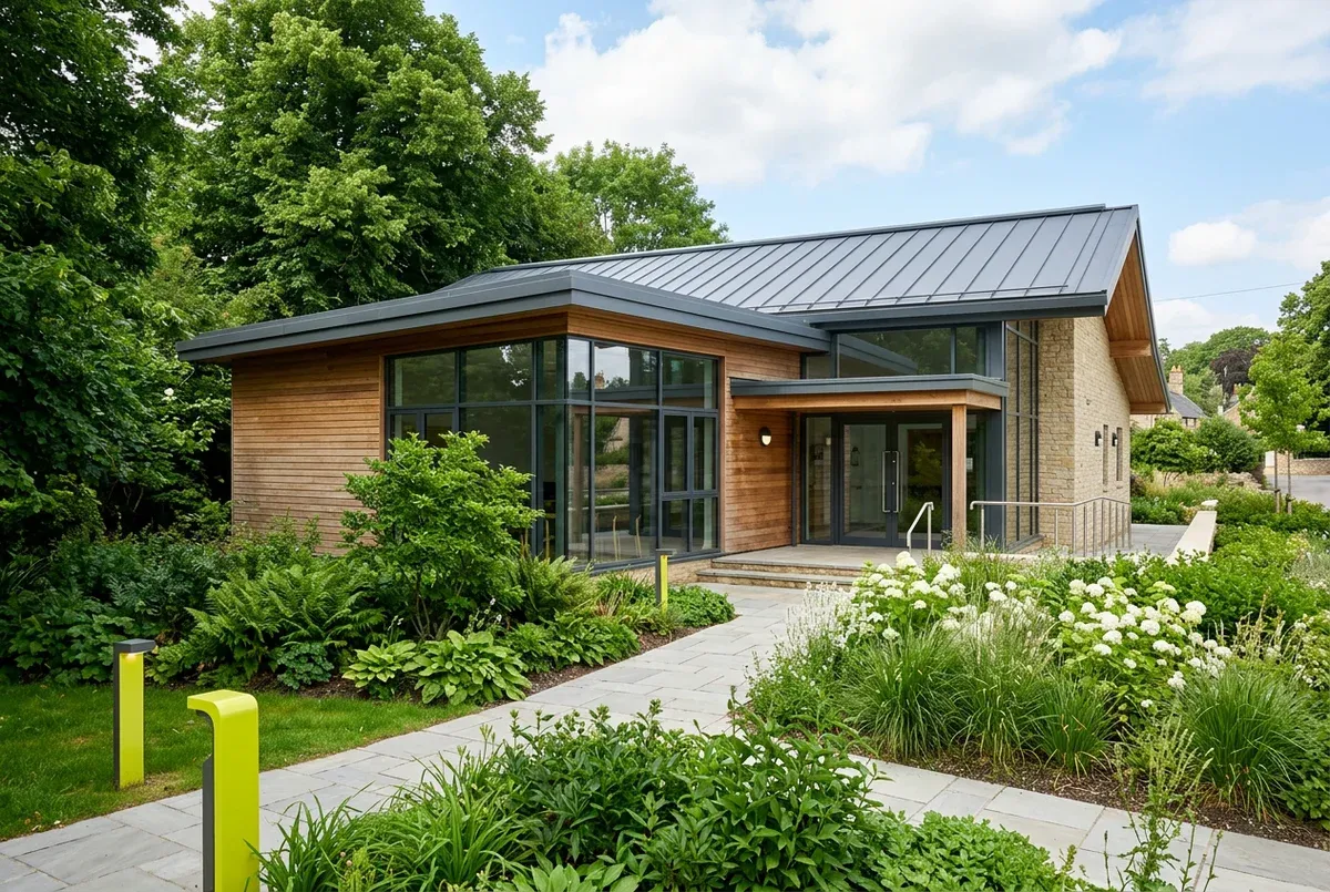 A modern community venue surrounded by gardens