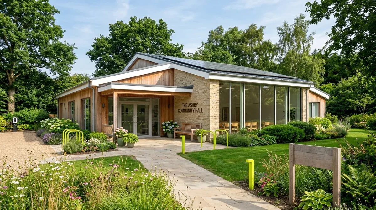 The Ashby Community Hall surrounded by gardens